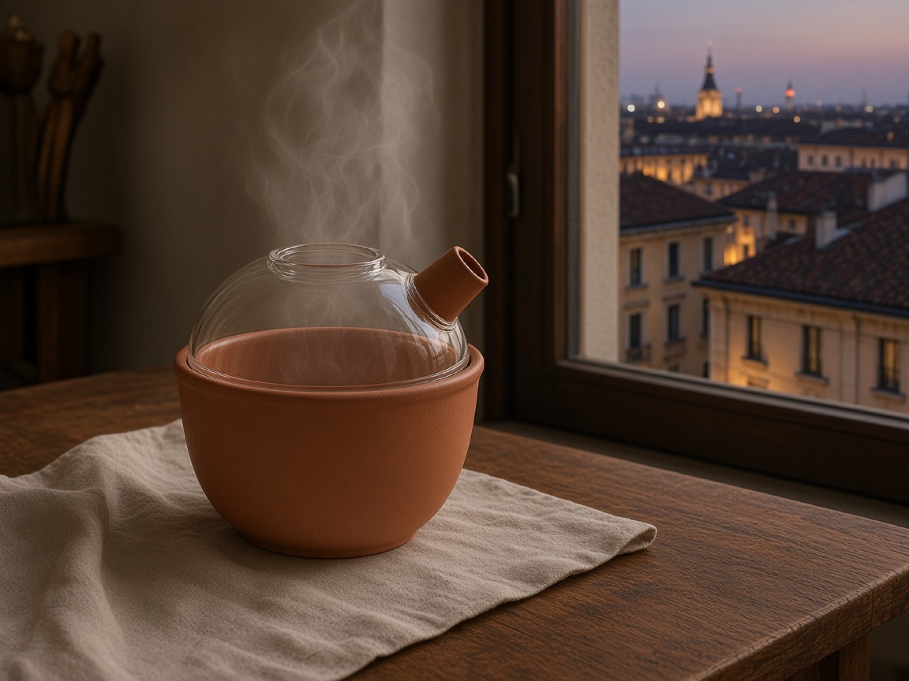 Inalatore a vapore in ceramica sul tavolo, la sera