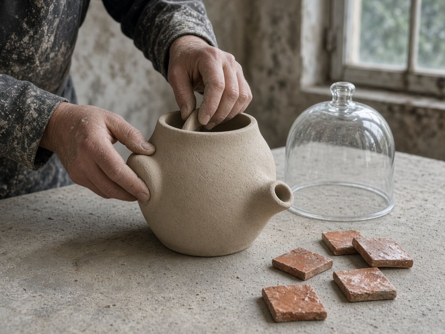Mani che assemblano una cupola di vetro e una ciotola in ceramica